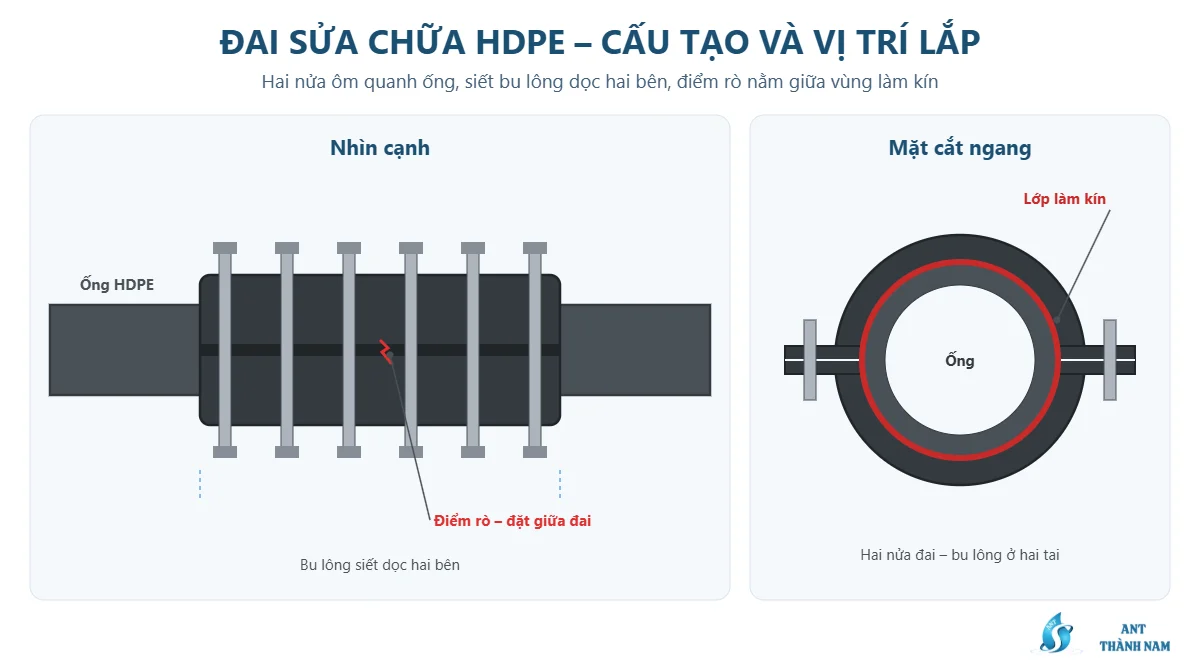 Sơ đồ đai sửa chữa ống HDPE hai nửa siết bu lông, điểm rò đặt giữa vùng làm kín