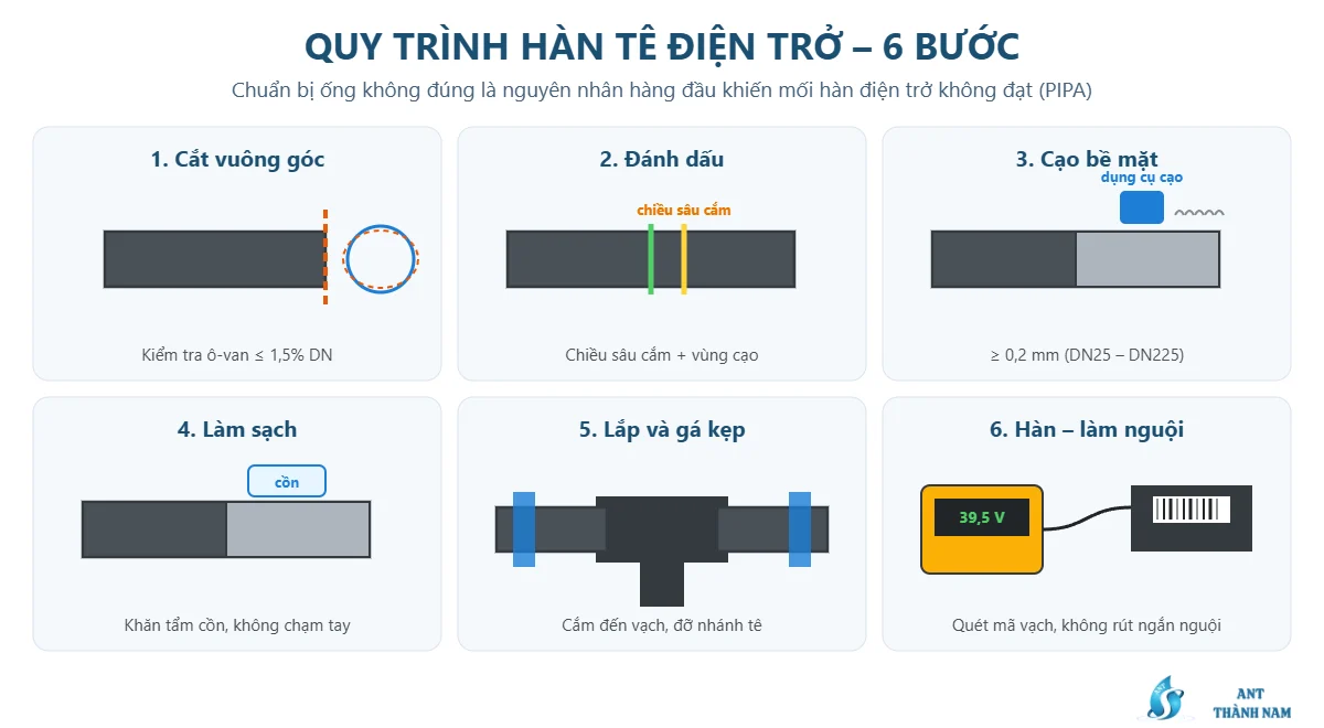 Sơ đồ 6 bước hàn tê điện trở HDPE: cắt ống, đánh dấu, cạo, làm sạch, gá kẹp, quét mã vạch và hàn