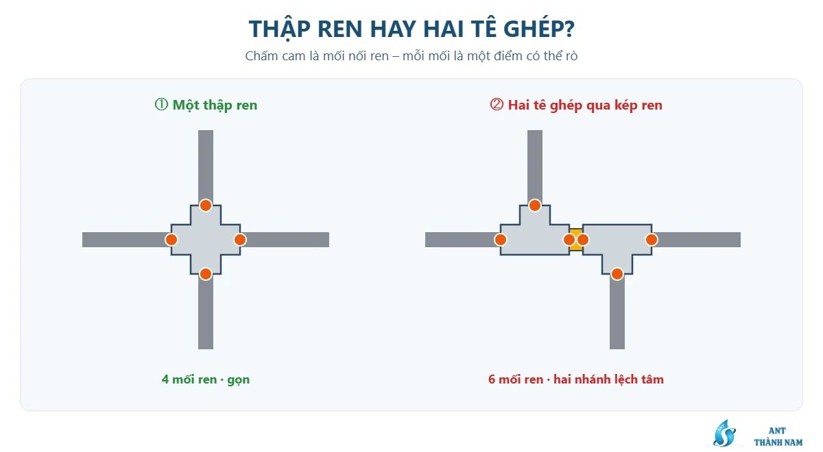So sánh một thập ren với bốn mối nối và hai tê ghép qua kép ren với sáu mối nối